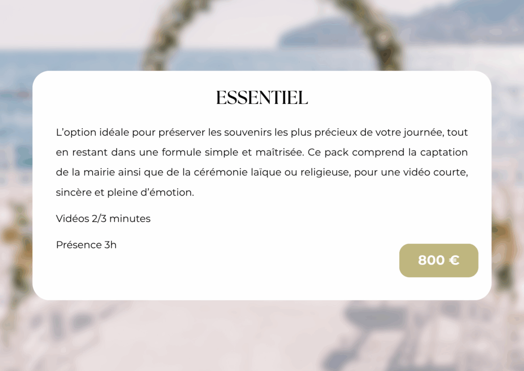 L’option idéale pour préserver les souvenirs les plus précieux de votre journée, tout en restant dans une formule simple et maîtrisée. Ce pack comprend la captation de la mairie ainsi que de la cérémonie laïque ou religieuse, pour une vidéo courte, sincère et pleine d’émotion.