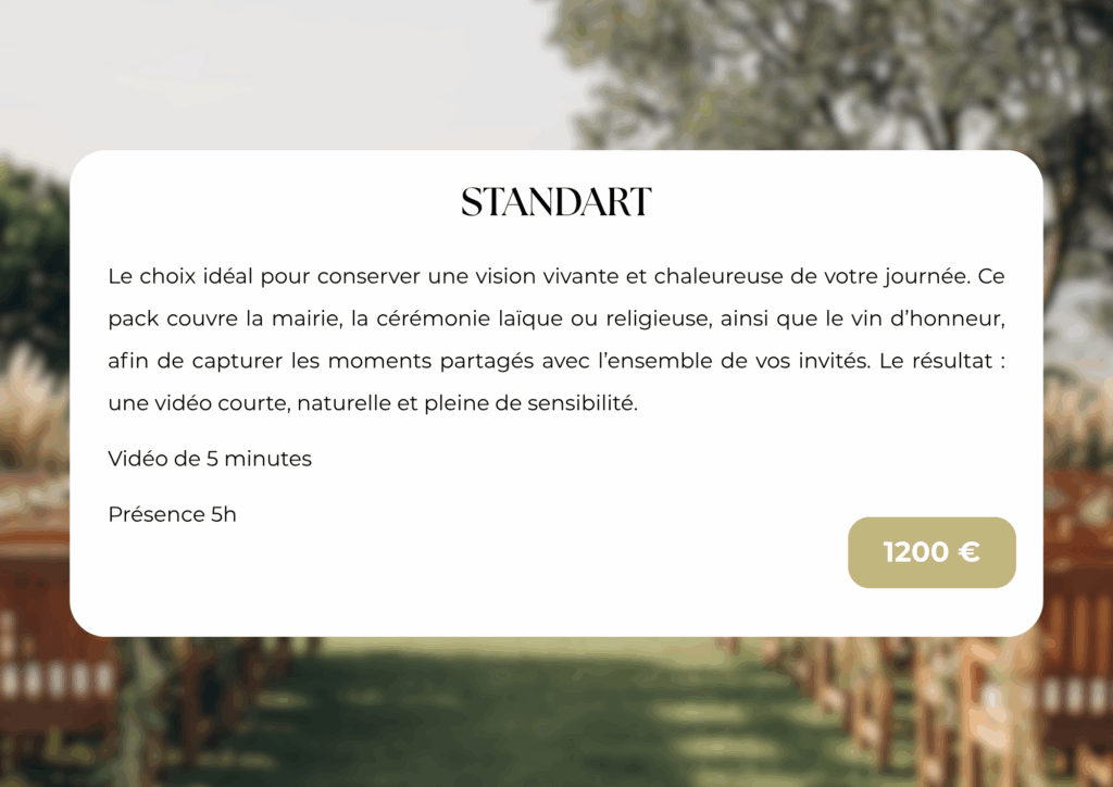 Le choix idéal pour conserver une vision vivante et chaleureuse de votre journée. Ce pack couvre la mairie, la cérémonie laïque ou religieuse, ainsi que le vin d’honneur, afin de capturer les moments partagés avec l’ensemble de vos invités. Le résultat : une vidéo courte, naturelle et pleine de sensibilité.