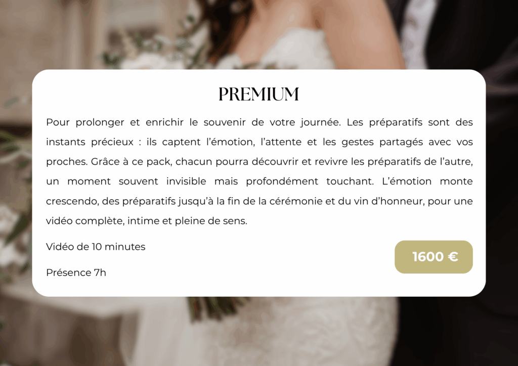 Pour prolonger et enrichir le souvenir de votre journée. Les préparatifs sont des instants précieux : ils captent l’émotion, l’attente et les gestes partagés avec vos proches. Grâce à ce pack, chacun pourra découvrir et revivre les préparatifs de l’autre, un moment souvent invisible mais profondément touchant. L’émotion monte crescendo, des préparatifs jusqu’à la fin de la cérémonie et du vin d’honneur, pour une vidéo complète, intime et pleine de sens.